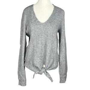 ANTHROPOLOGIE Sweater Medium Gray V Neck Ribbed Tie Front Long Sleeve‎ Relaxed